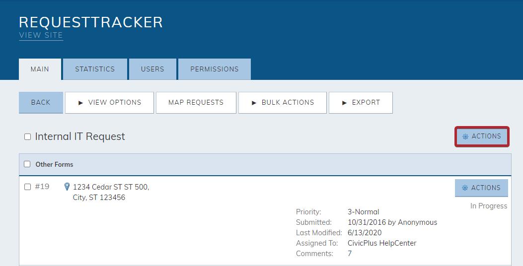 RequestTracker actions button