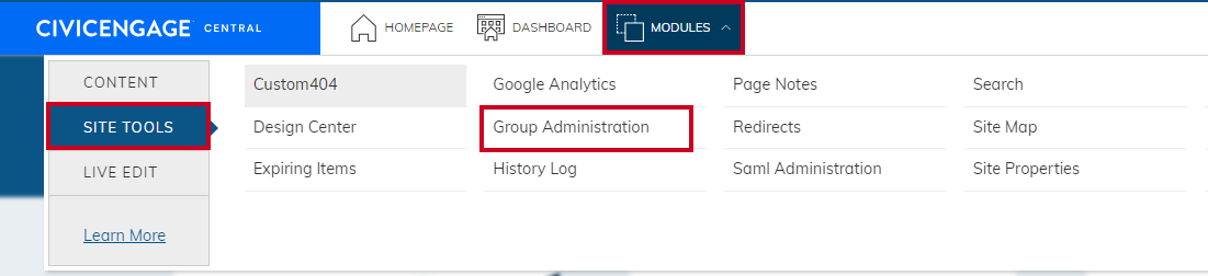 Web Central Modules menu with Group Administration selected.