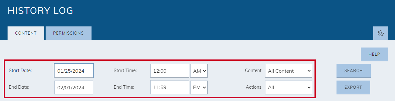 The History Log's filter options.