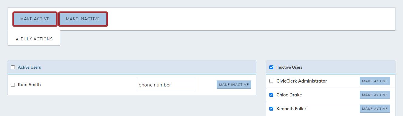 bulk action options, make active or make inactive buttons