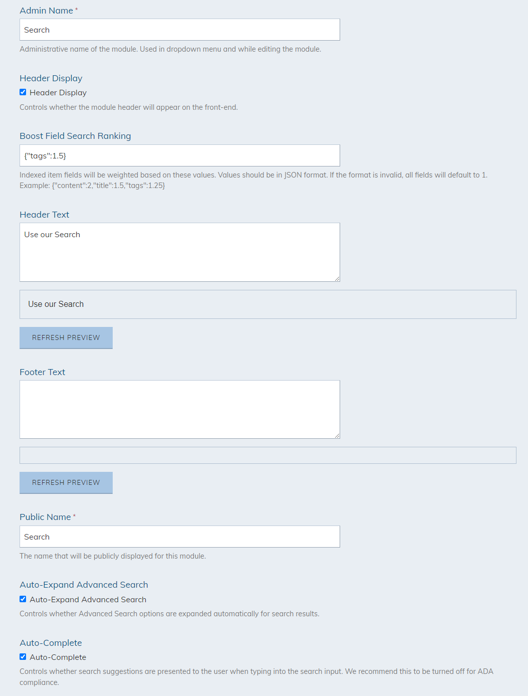 Search properties fields.
