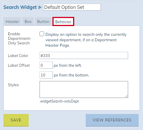 Search Widget Option Sets Behavior Tab.
