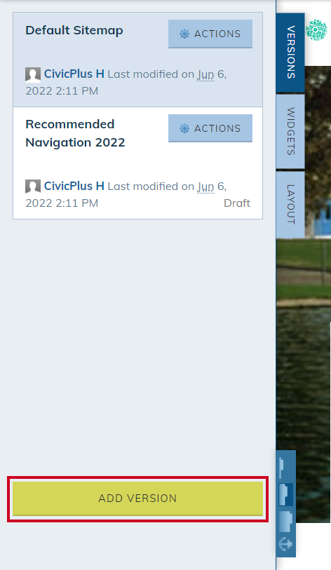 A green, rectangular Add Version button at the bottom of the Site Map pop-out menu.