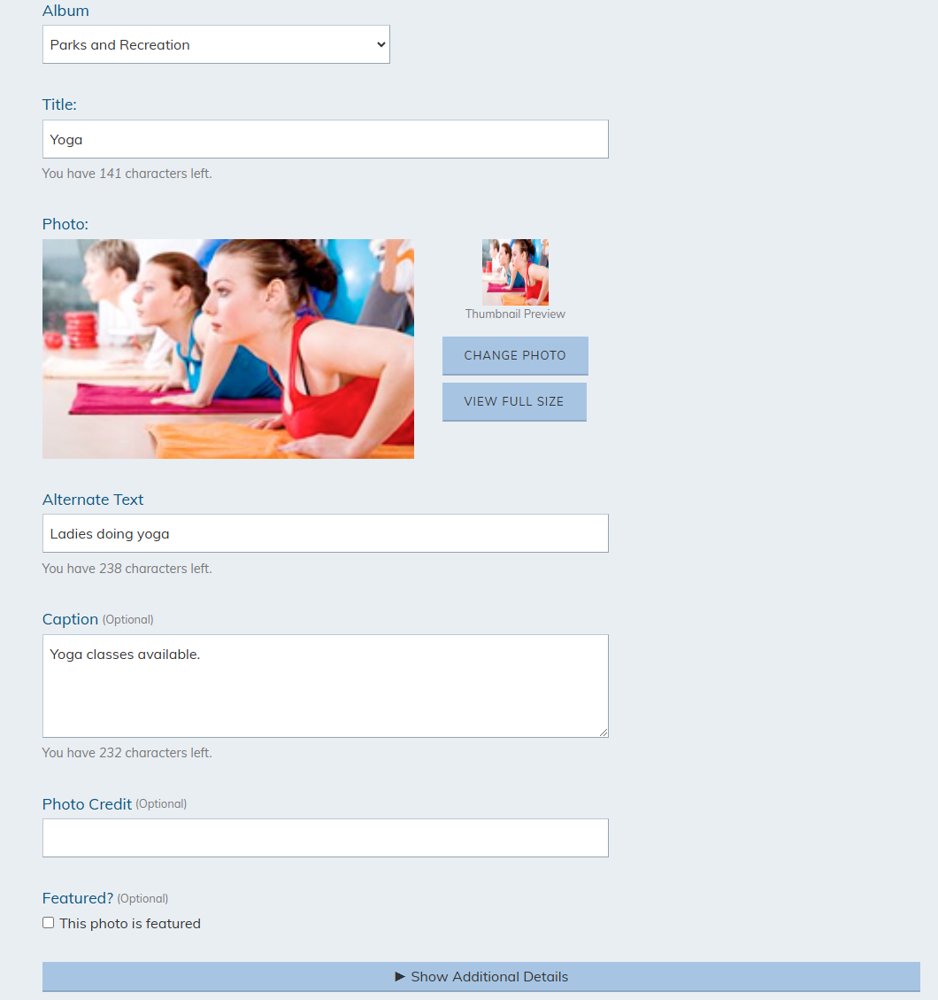modify photo album title and alternative text