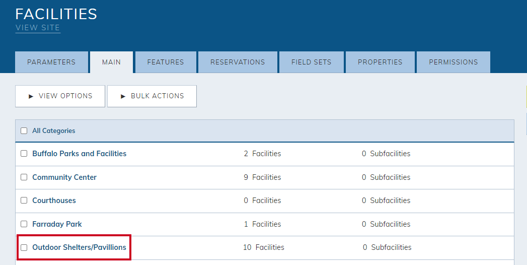 The name of the facility category in the All Categories column.