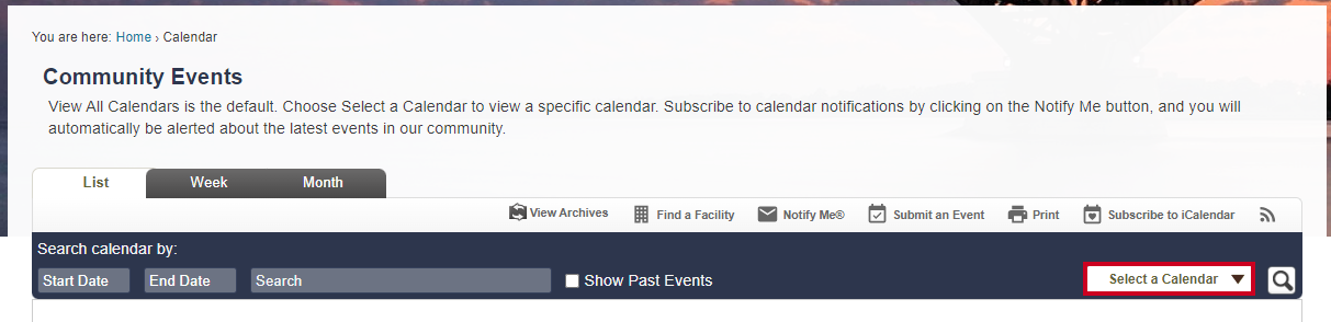 A drop-down list of Calendars.