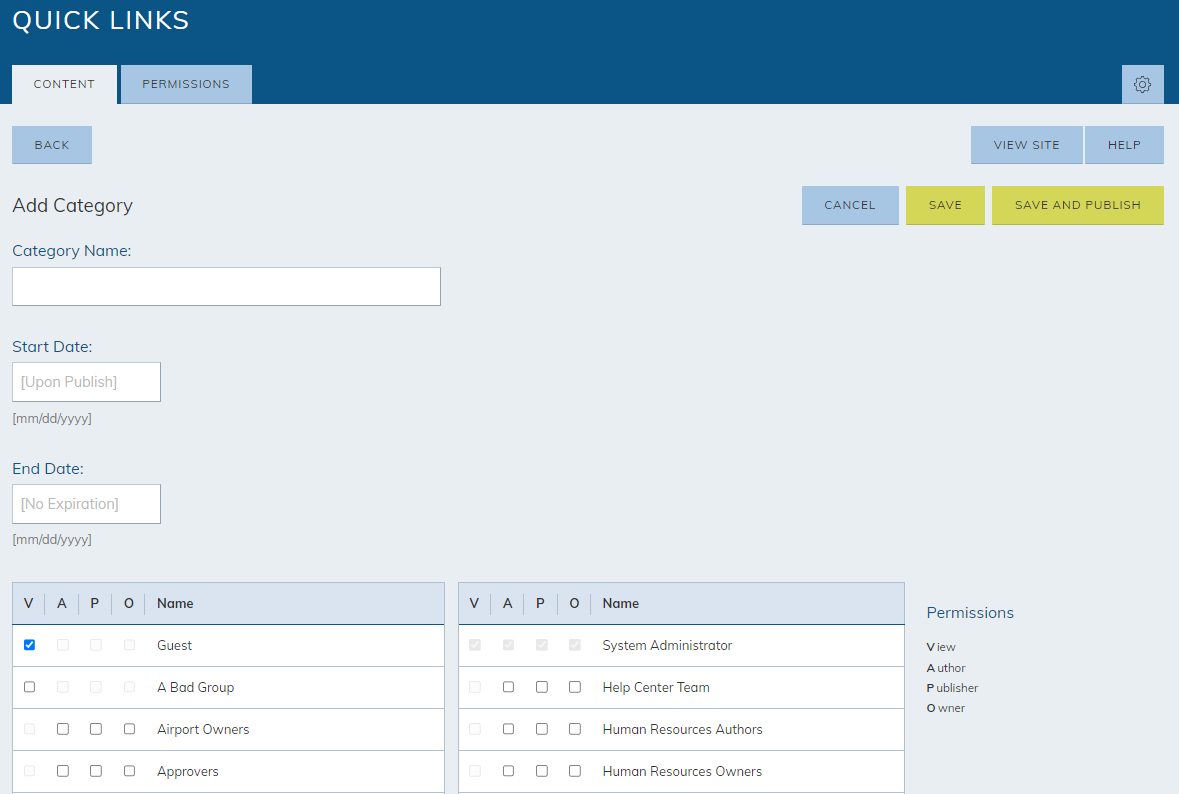 Fill in quick links category fields.
