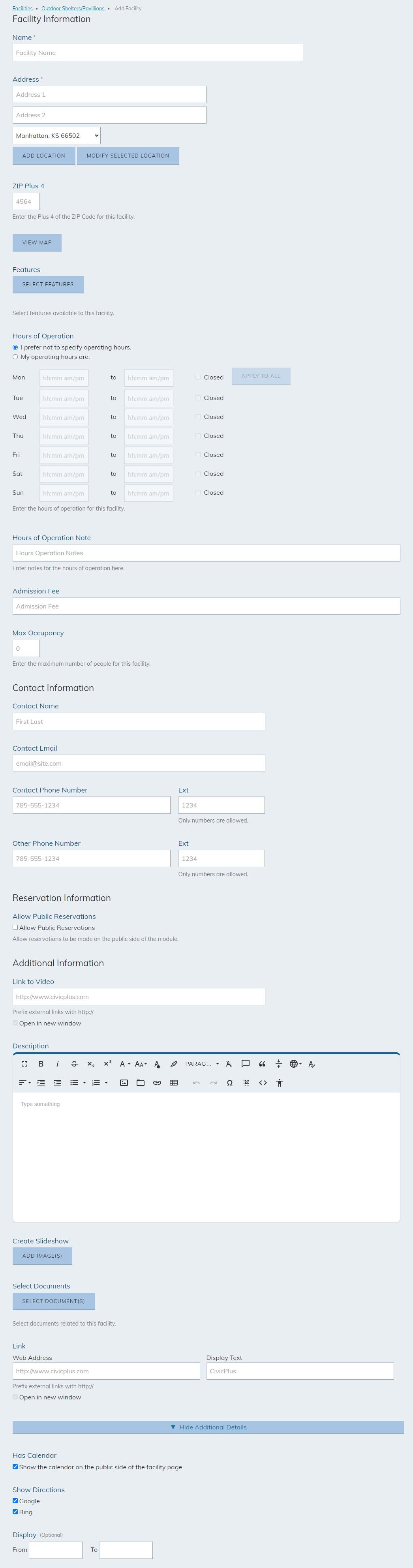 The text entry field under the Facility Information header.