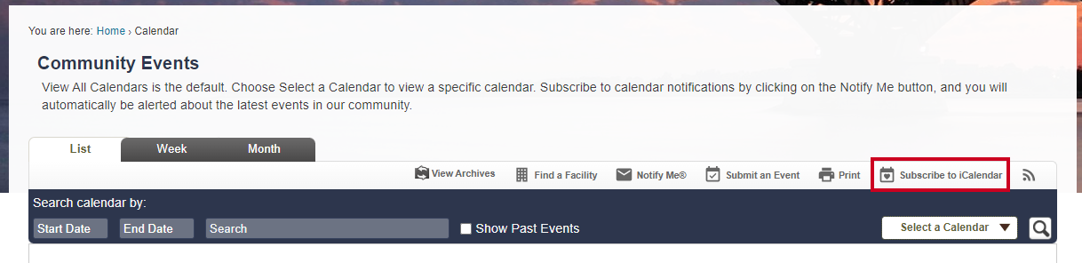Subscribe to iCalendar button.