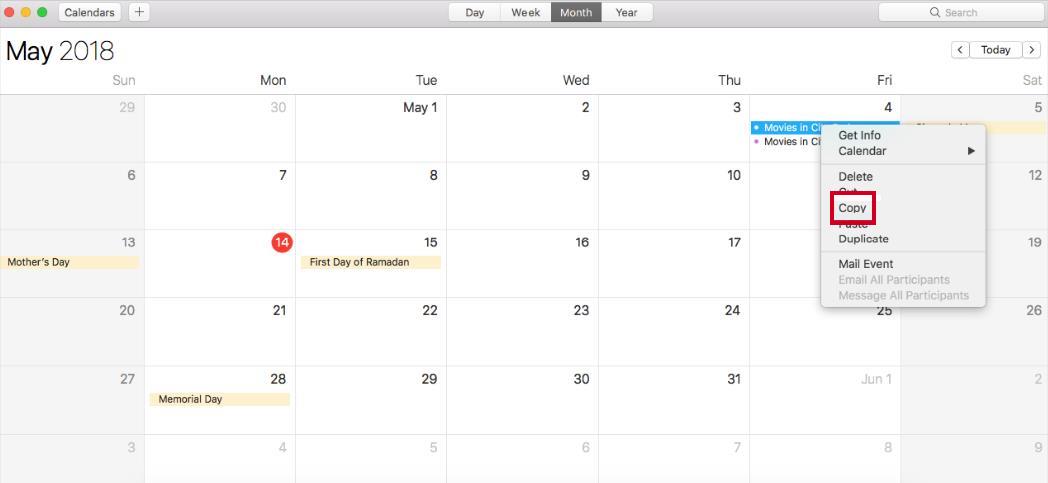 Copy option on the IOS calendar.