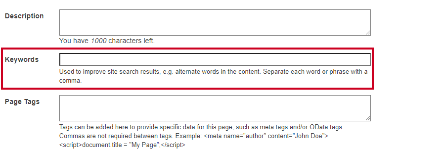 An example Keywords field.