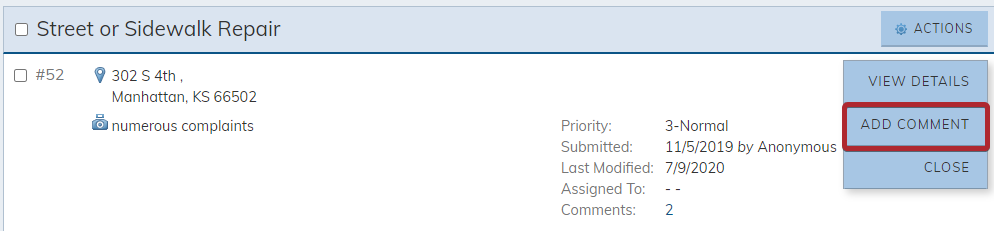 The Action menu's Add Comment option.