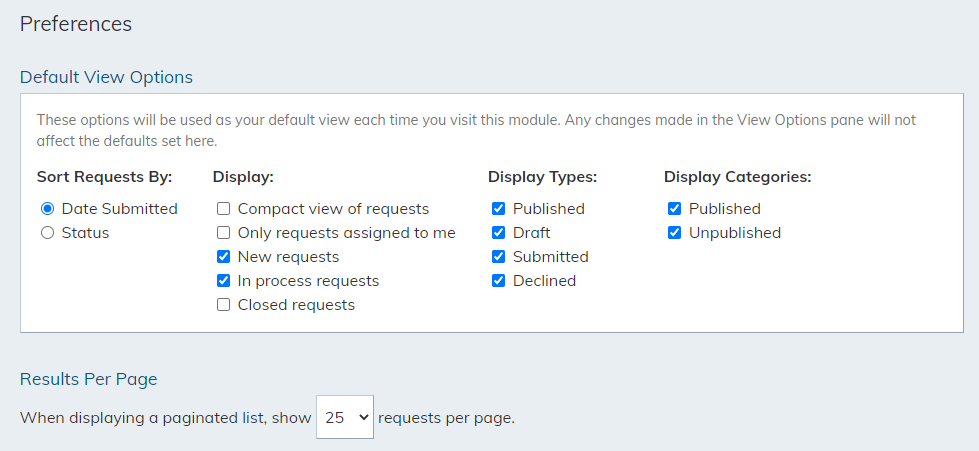 default view preference checkboxes