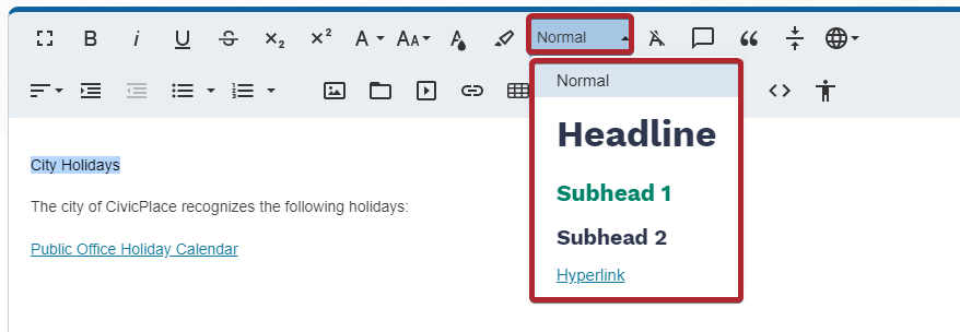 editor widget subhead dropdown options