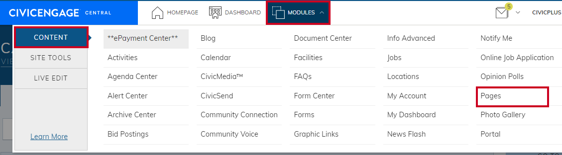 Modules menu with Pages selected.