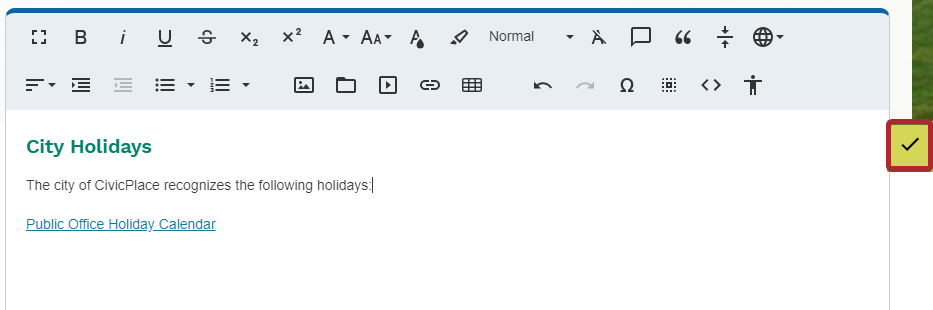 green check to the right of the editor widget box