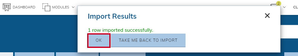 Web Central Activities Module Import Sessions Import Results OK Dialog Box.