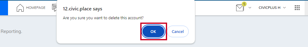 ok button on delete account confirmation pop-up.