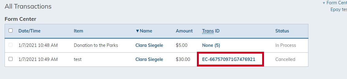 ePay transaction ID selection