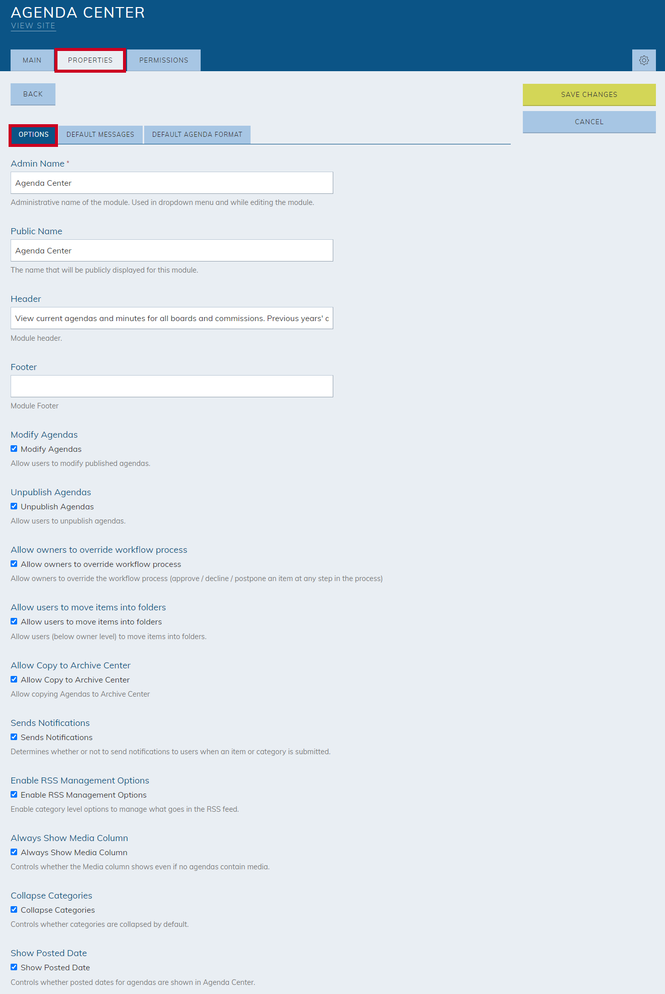 Agenda Center Option fields
