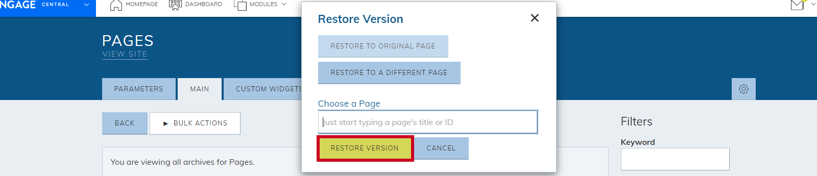 The button at the bottom of the pop-up modal labeled Restore Version.