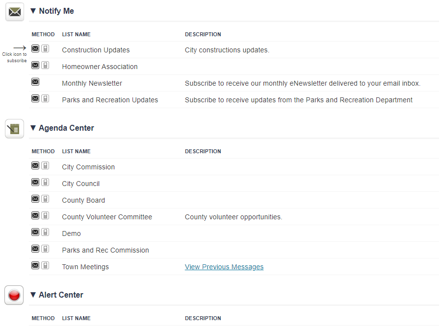 Lists on the the front end of the Notify Me module