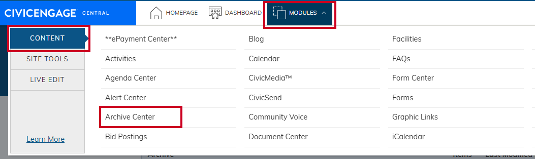 Navigate to Archive Center module.
