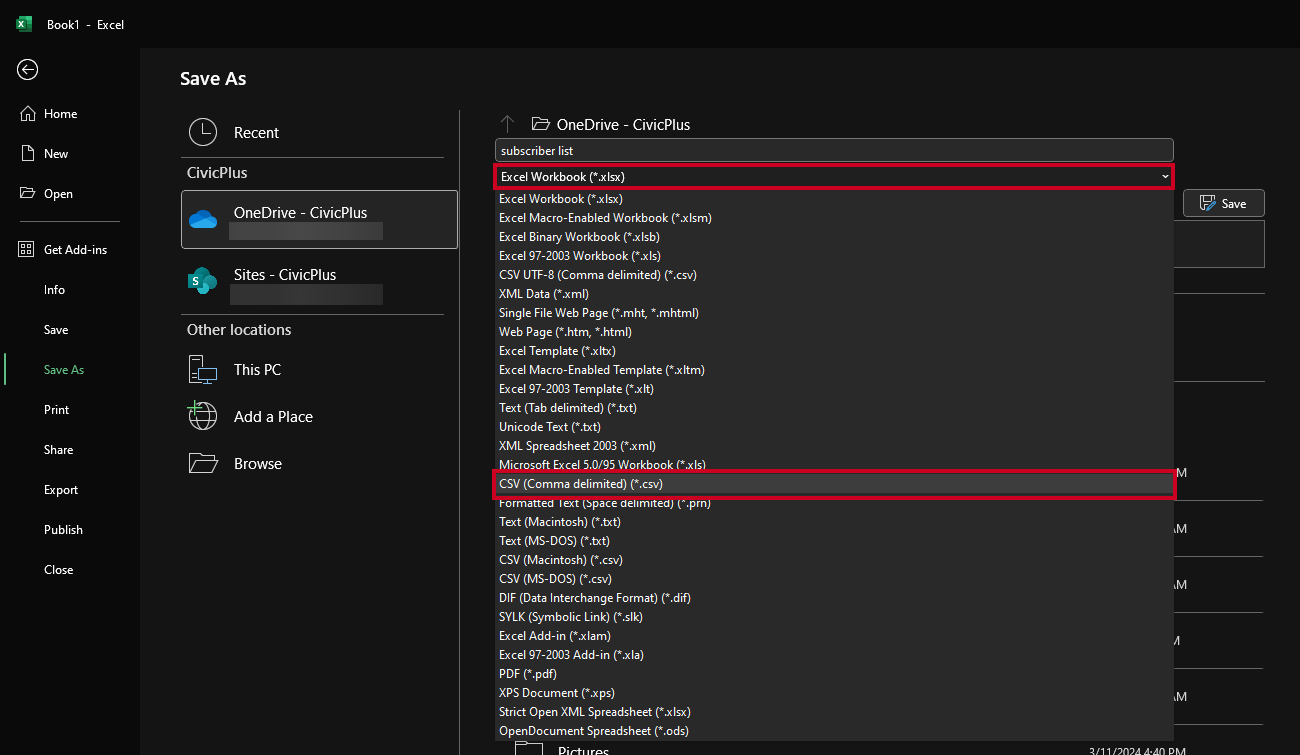 A list of spreadsheet file types.