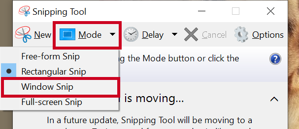 The Mode dropdown and its Window Snip option within the Snipping Tool software.