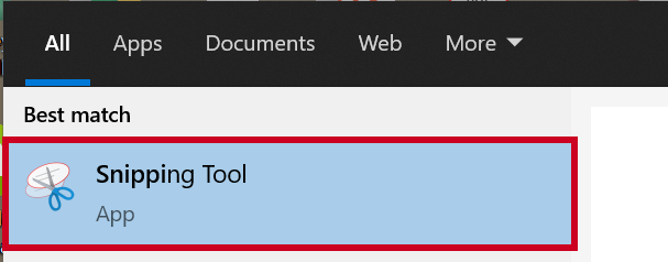 The Snipping Tool app within the Windows search results.