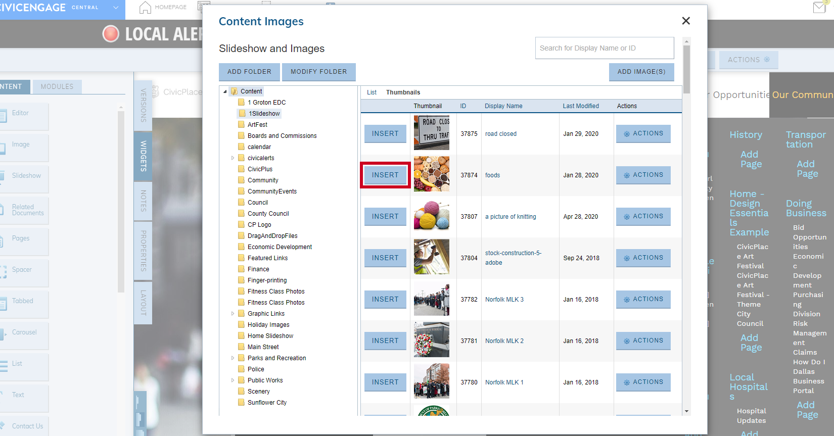Image Widget Insert Image button.
