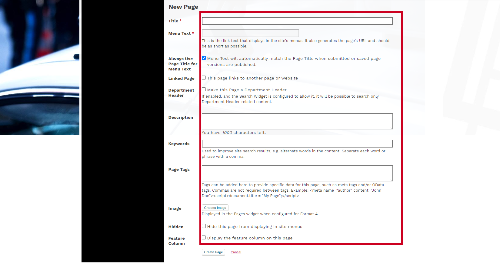 Web Central Create/Add Page Dialog Box and fields.