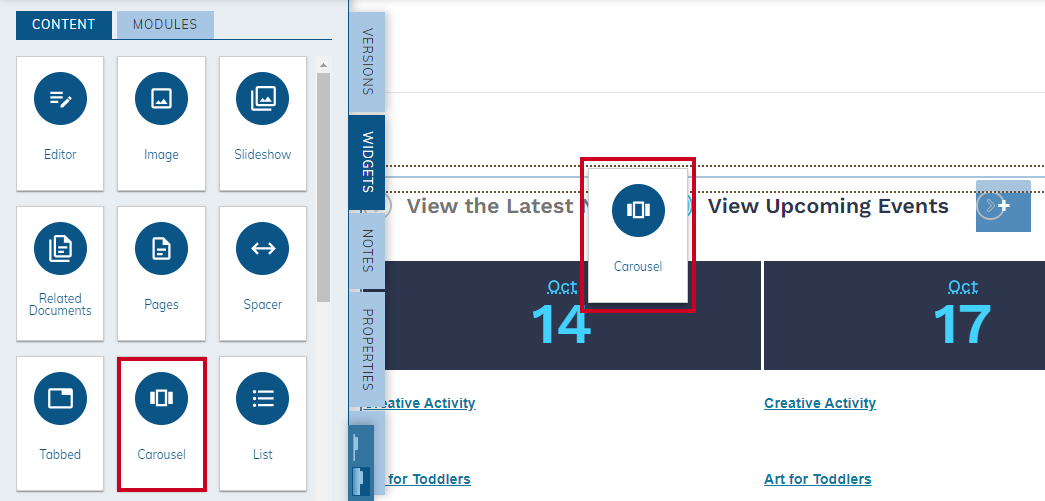 drag and drop carousel widget onto page.