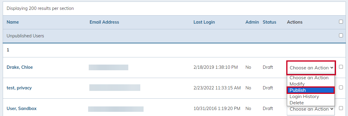 Unpublished Users Choose an Action Publish