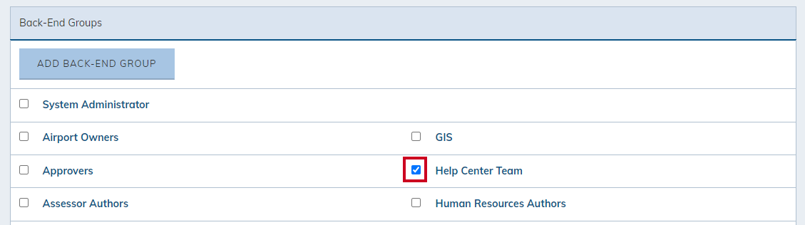 Checkmarks next to Back End Groups.