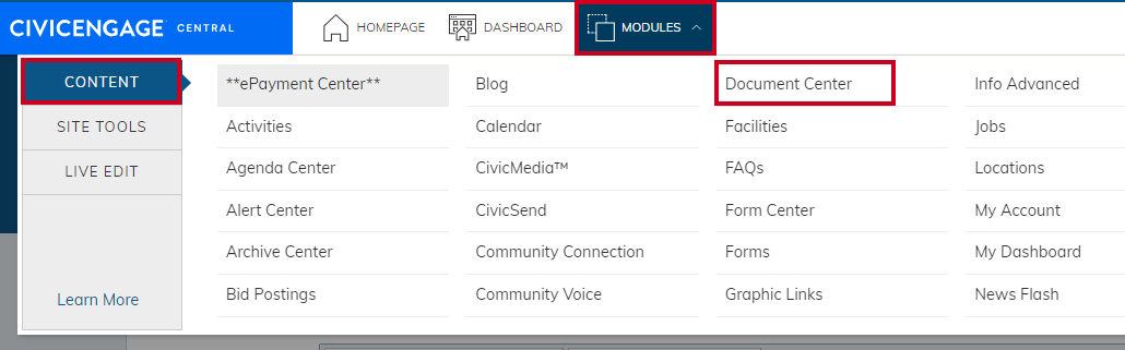 Modules tab with Document Center selected.