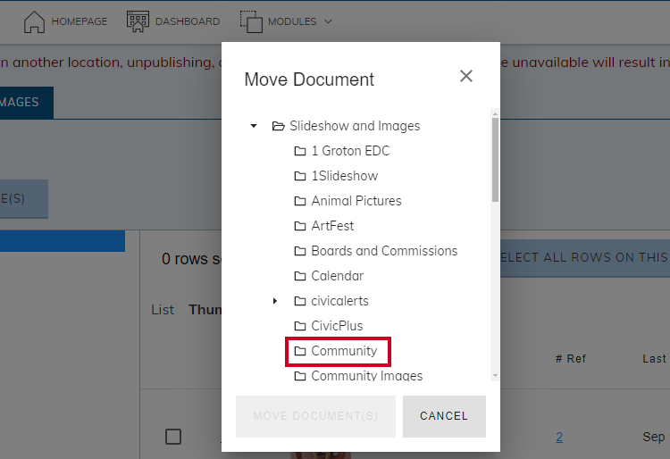 An example folder in the Move Document dialog box.
