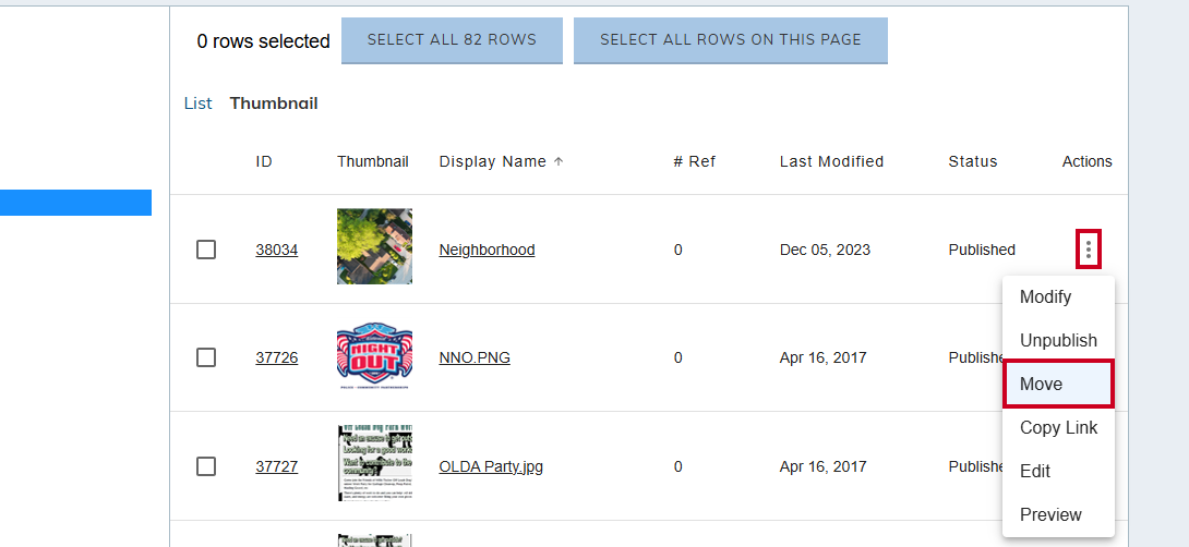 The Actions button in the row of an example image.