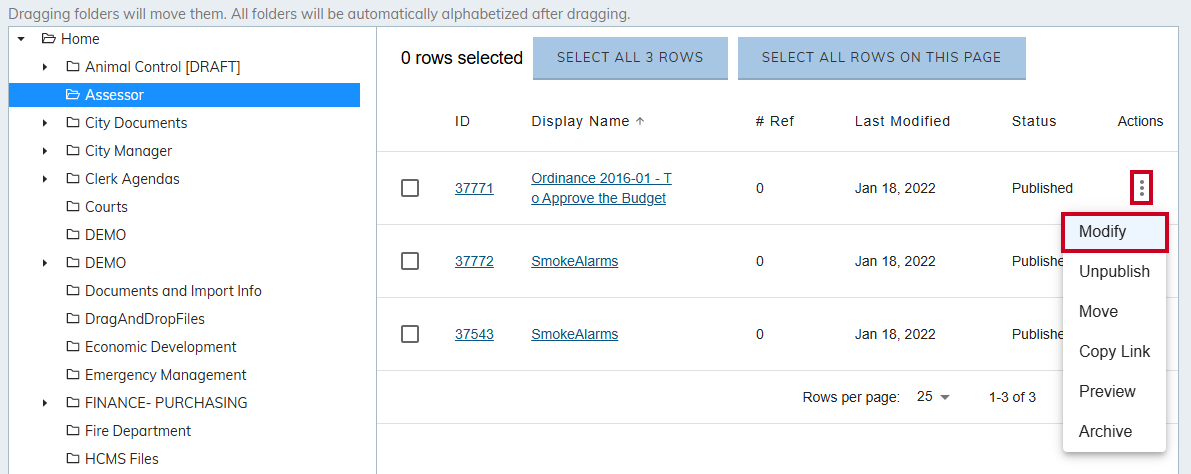 Actions menu, modify.