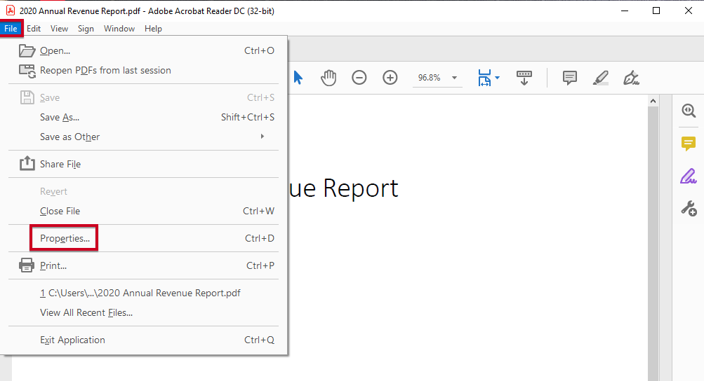 Adobe Acrobat Reader, File Menu, Properties option.