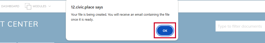 Okay button on pop-up prompt.
