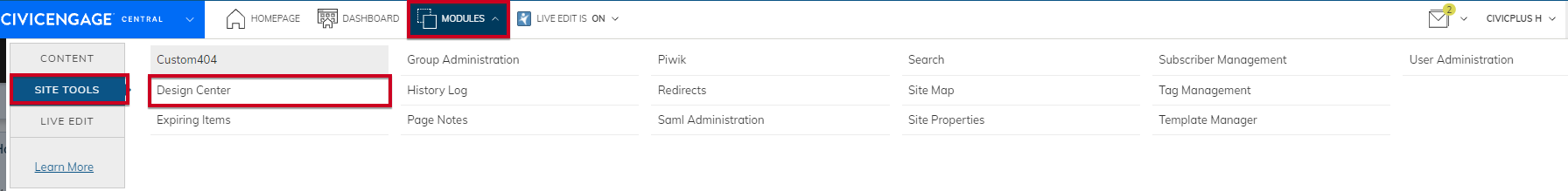 modules, site tools, design center