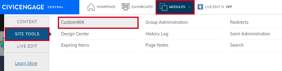 By selecting the Custom404 site tool, users can update their website's as needed.