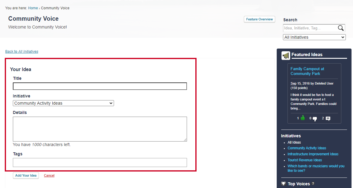 Fill in idea fields.