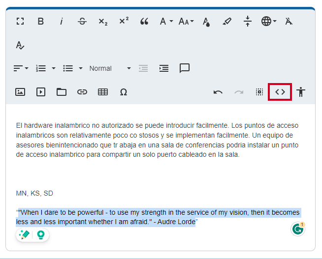The Code View tool allows the user to see the content's HTML source code.