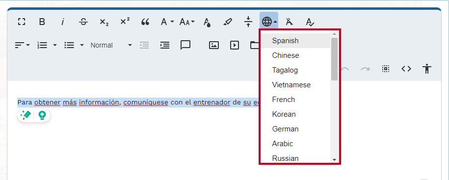 The Language tool's list of languages to choose from.