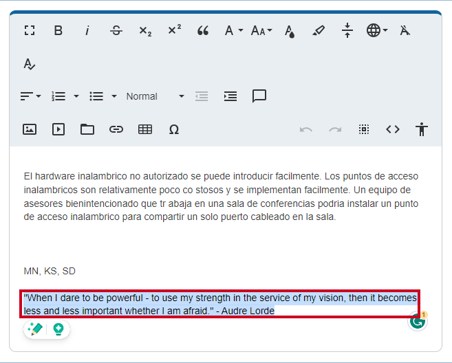 Highlighting the abbreviation on the non-code view side makes it easier to apply the Quote and Block Quote formatting.