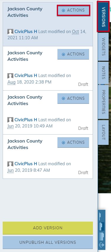 version tab actions
