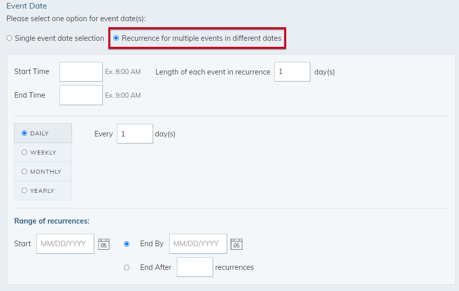 recurrence for multiple events in different dates