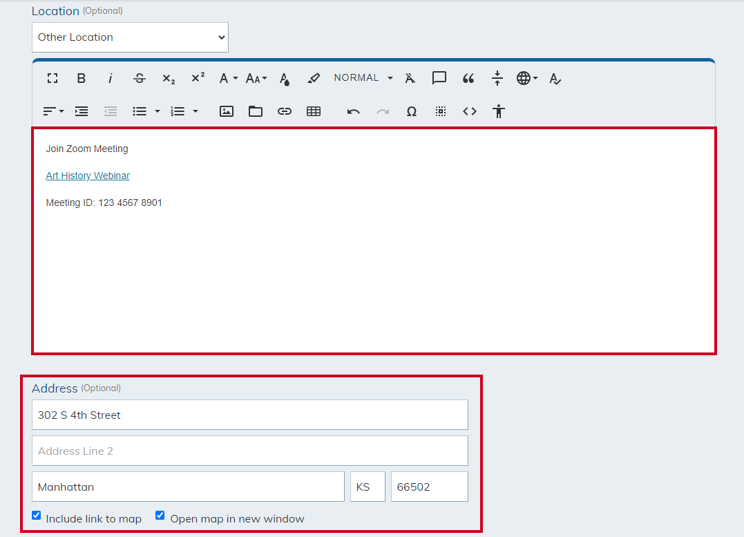 Enter the event details in the editor box and physical event under Address.